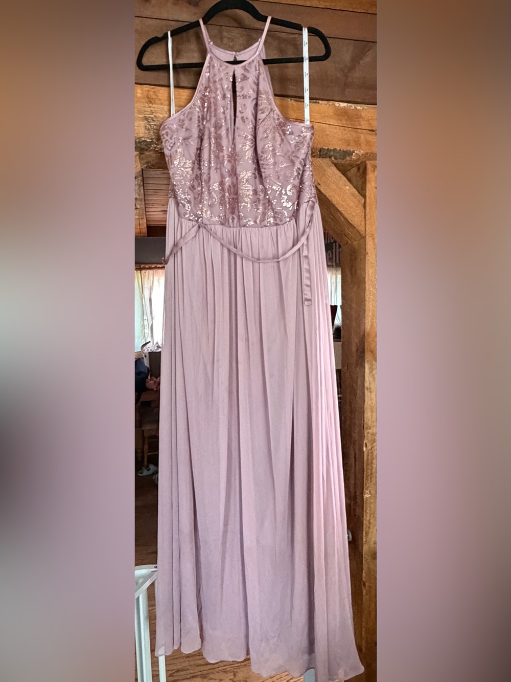 David's Bridal Dusty Lavender Sequin Halter Gown